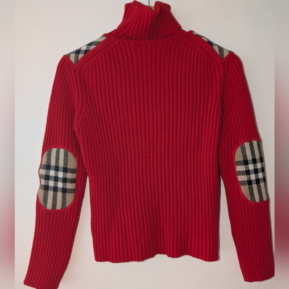 Burberry London Red Ribbed Turtleneck Sweater with Tan Plaid Accents Size S